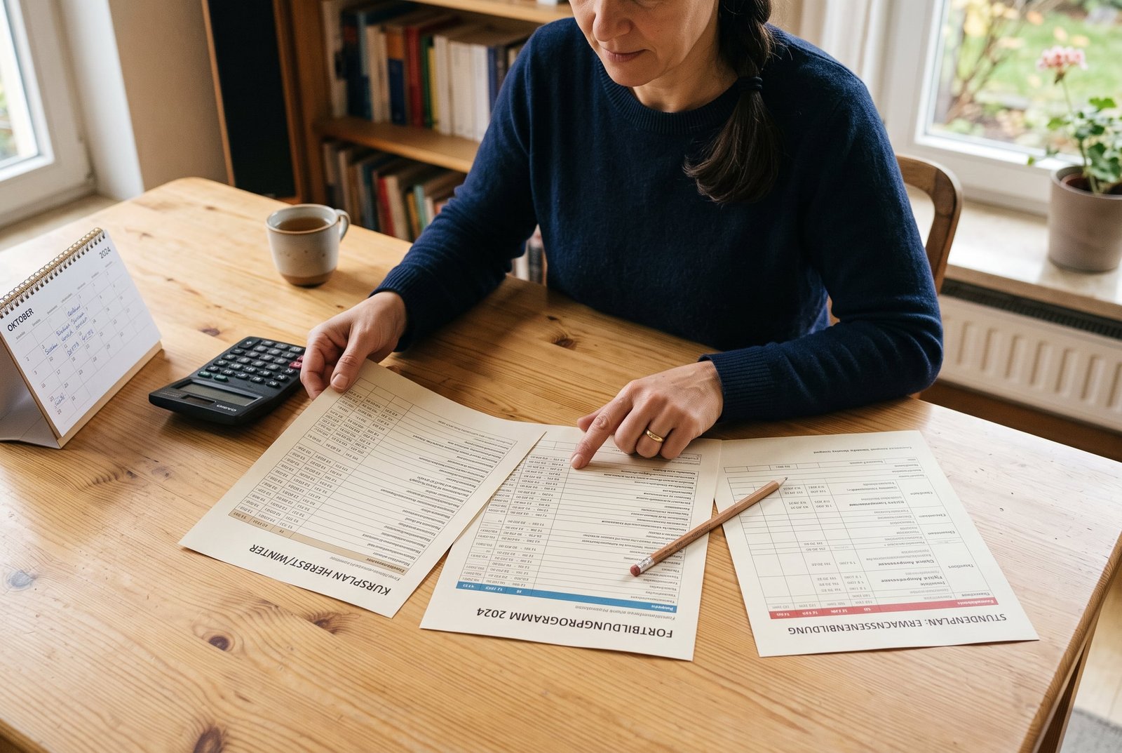 Eine Person vergleicht Kurspläne mit Kalender und Taschenrechner