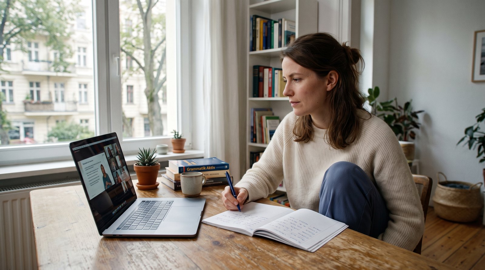 Eine Erwachsene nimmt zu Hause an einem Online-Deutschkurs teil