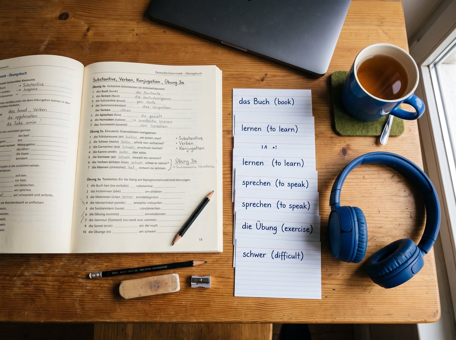 Arbeitsbuch, Karteikarten und Kopfhörer auf einem Lerntisch